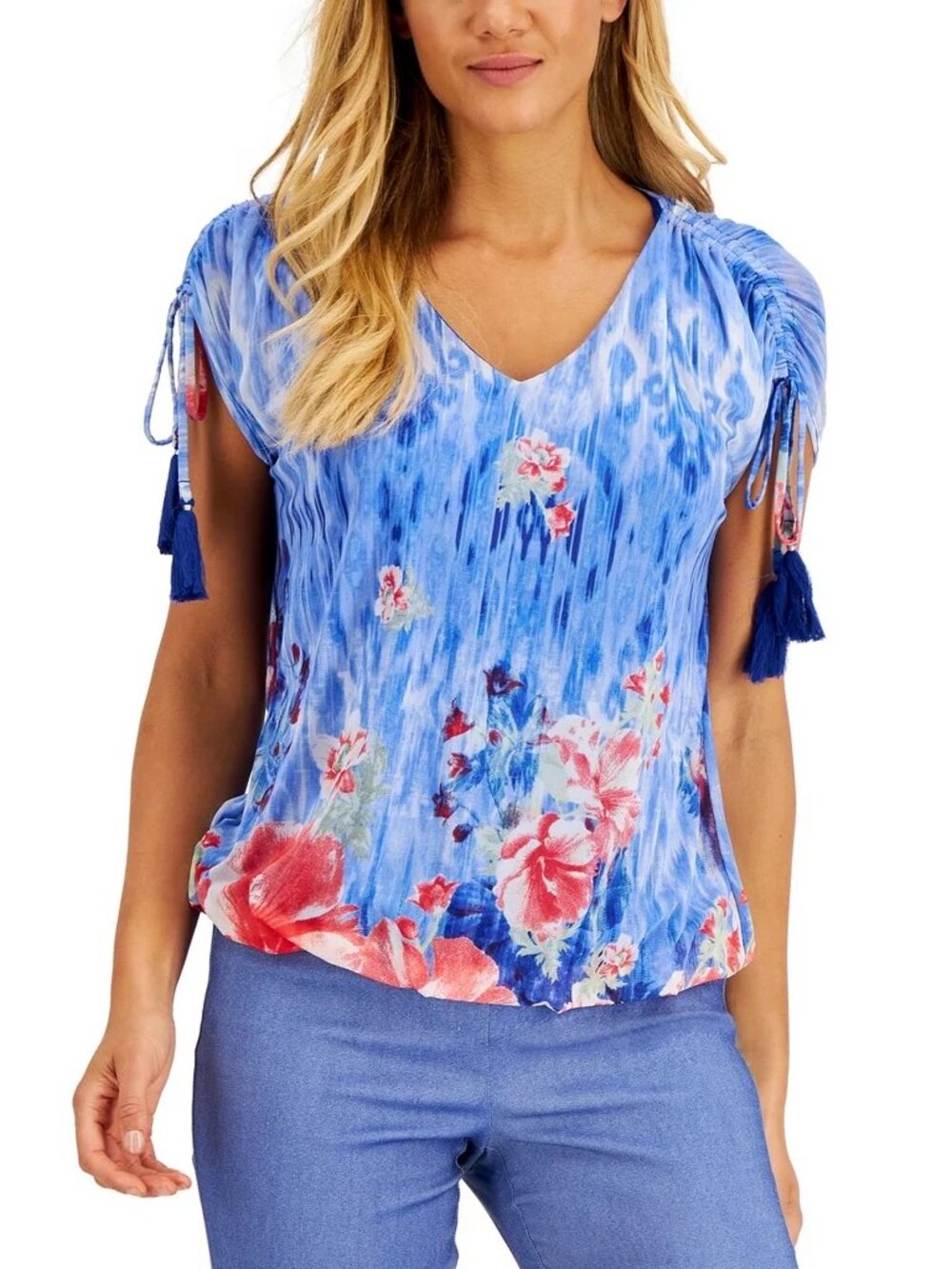NWT JM Collection Blue Feminine Floral Mesh Top V-Neck Tassel Shoulder Large